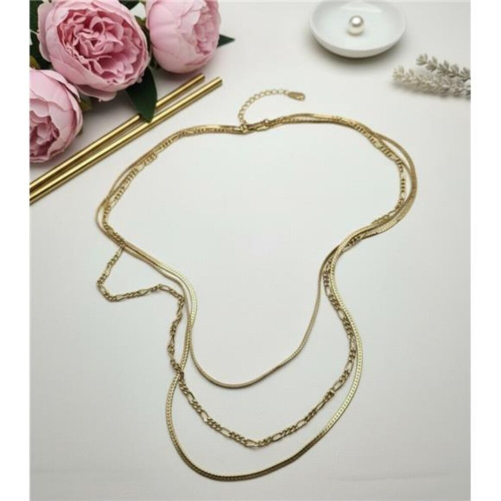 Vintage Gold Tone Triple Chain Necklace Figaro Herringbone Snake 27in Layered